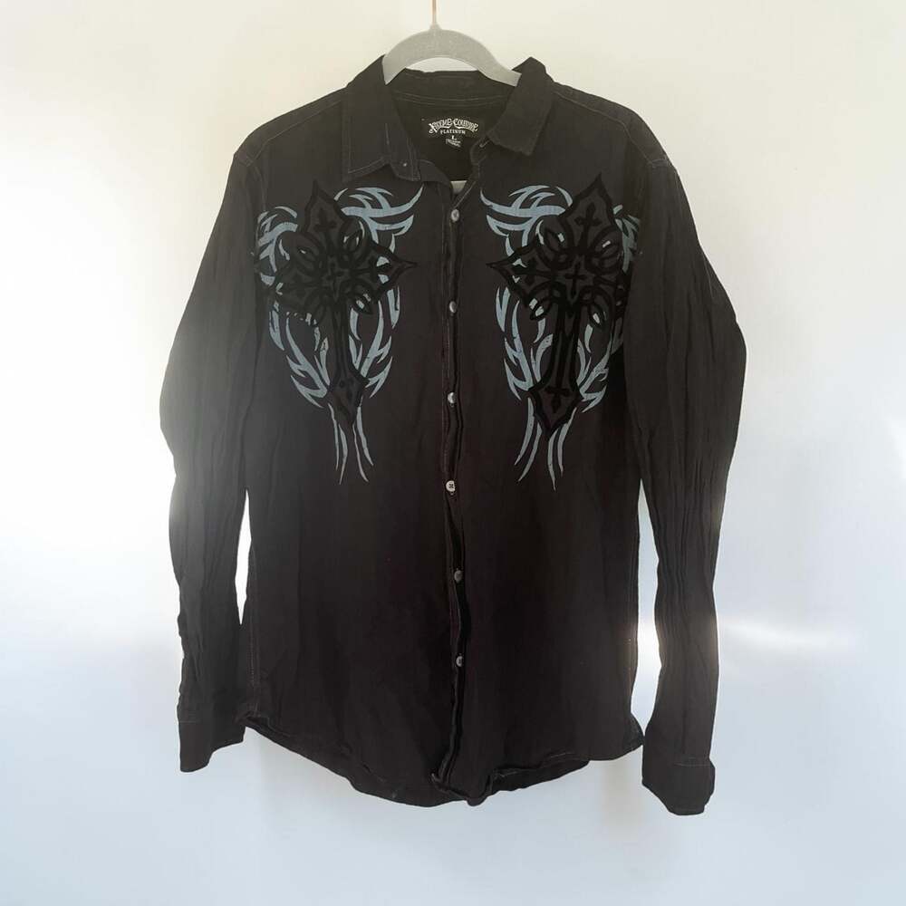Xtreme Couture Platinum Men's LS Button-Down Shirt w/ Tribal Cross Print